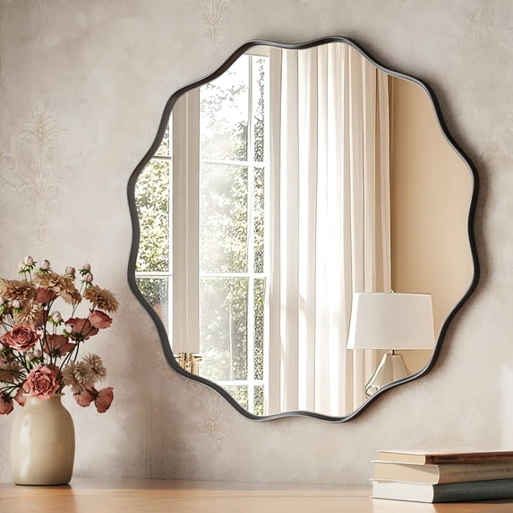 BEAUTYPEAK 24" Wavy Round Bathroom Mirror Wall Decor with Deep Frame, Black