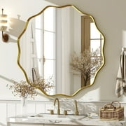 BEAUTYPEAK 24" Wavy Round Bathroom Mirror Wall Decor with Deep Frame, Gold