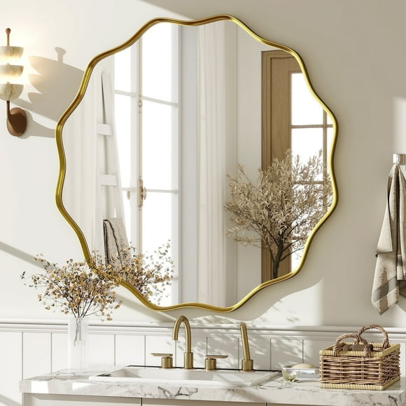 BEAUTYPEAK 24" Wavy Round Bathroom Mirror Wall Decor with Deep Frame, Gold