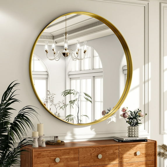 BEAUTYPEAK 24" Round Bathroom Mirror Circle Mirror With Deep Frame Wall Mounted,Gold
