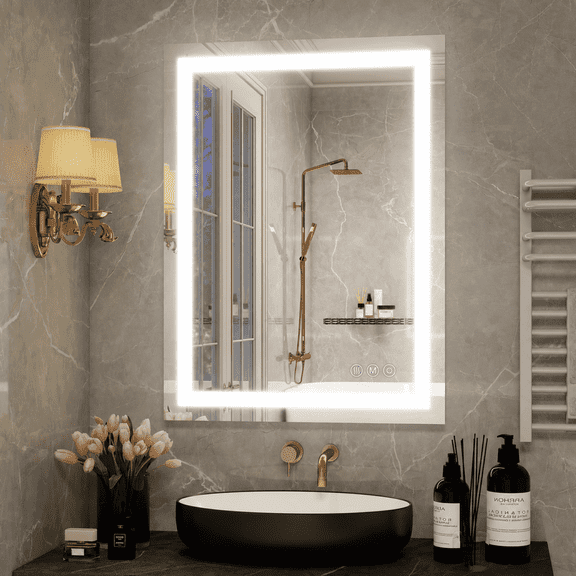 BEAUTYPEAK 24"x32" LED Bathroom Mirror Anti-Fog Vanity Wall Mirror with 3 Color Dimmable Light Touch Control Mirror , White