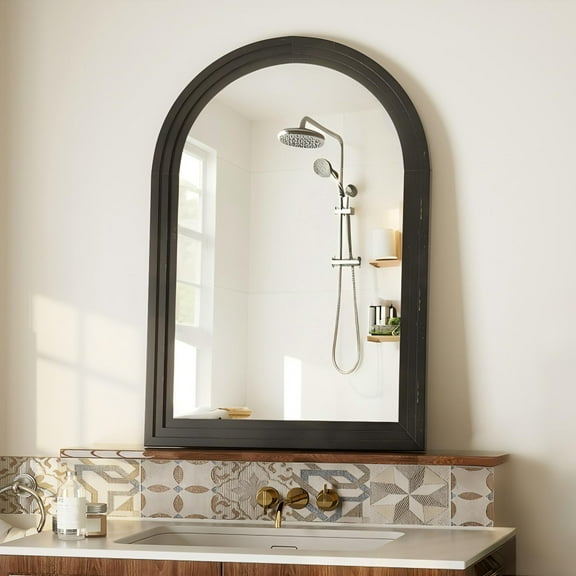 BEAUTYPEAK 24"x36"Arched Bathroom Mirror Wooden Framed Wall Mirror，Black