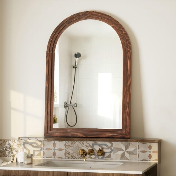 BEAUTYPEAK 24"x36"Arched Bathroom Mirror Wooden Framed Wall Mirror,Brown