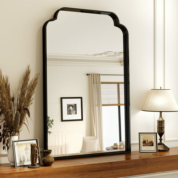 BEAUTYPEAK 24"x36" Arched Bathroom Mirror with Curved Top Modern Decorative Wall Mirror with Deep Frame, Black