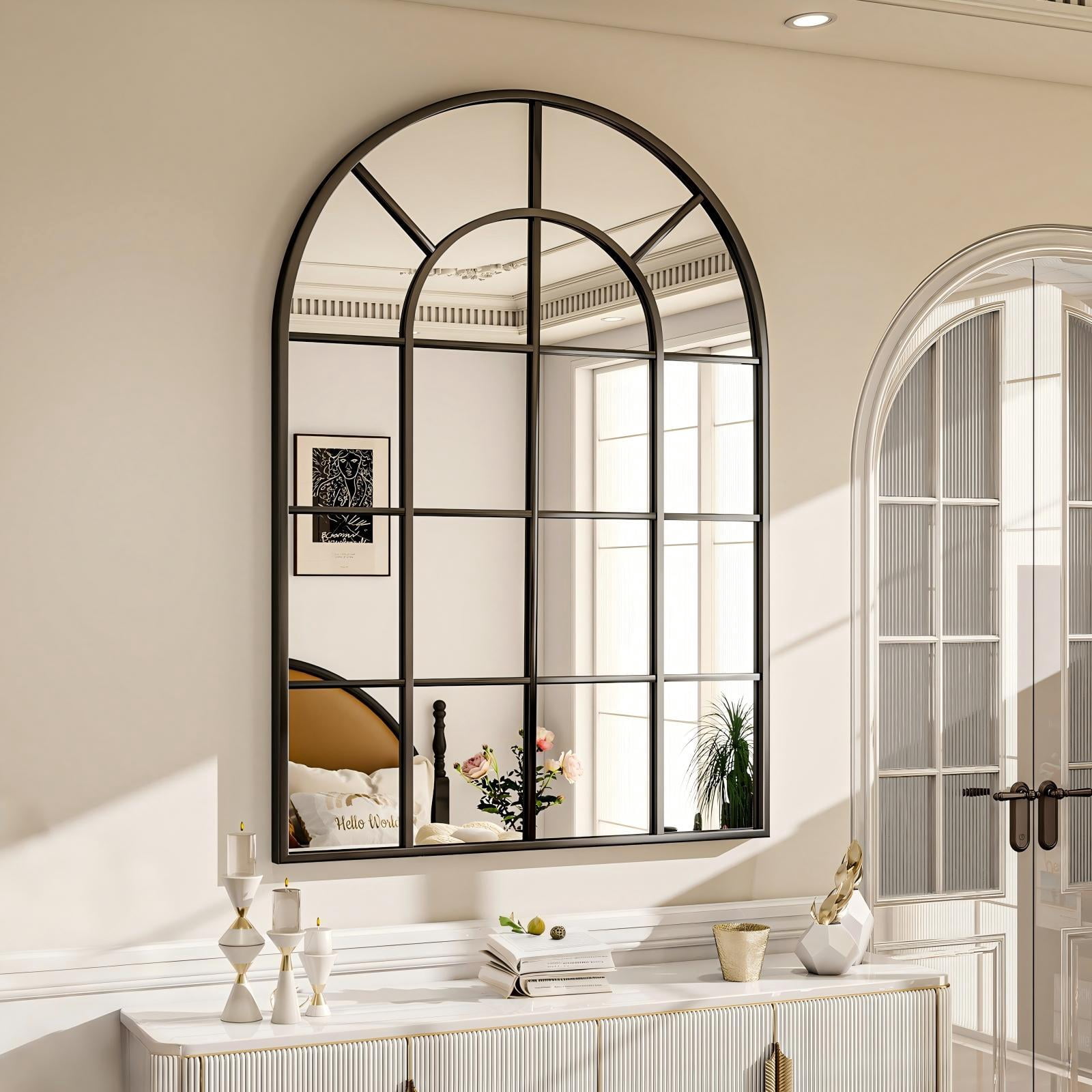 BEAUTYPEAK 24"x36" Arched Windowpane Mirror Bathroom Mirror Wall Mirror,Black