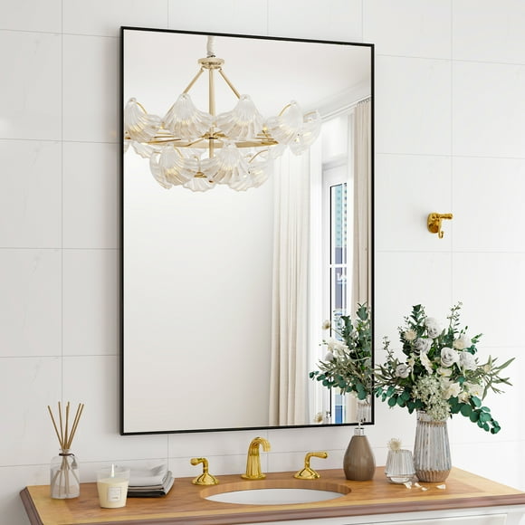 BEAUTYPEAK 24"x36" Bathroom Wall Mirror with Rectangular Metal Frame, Black