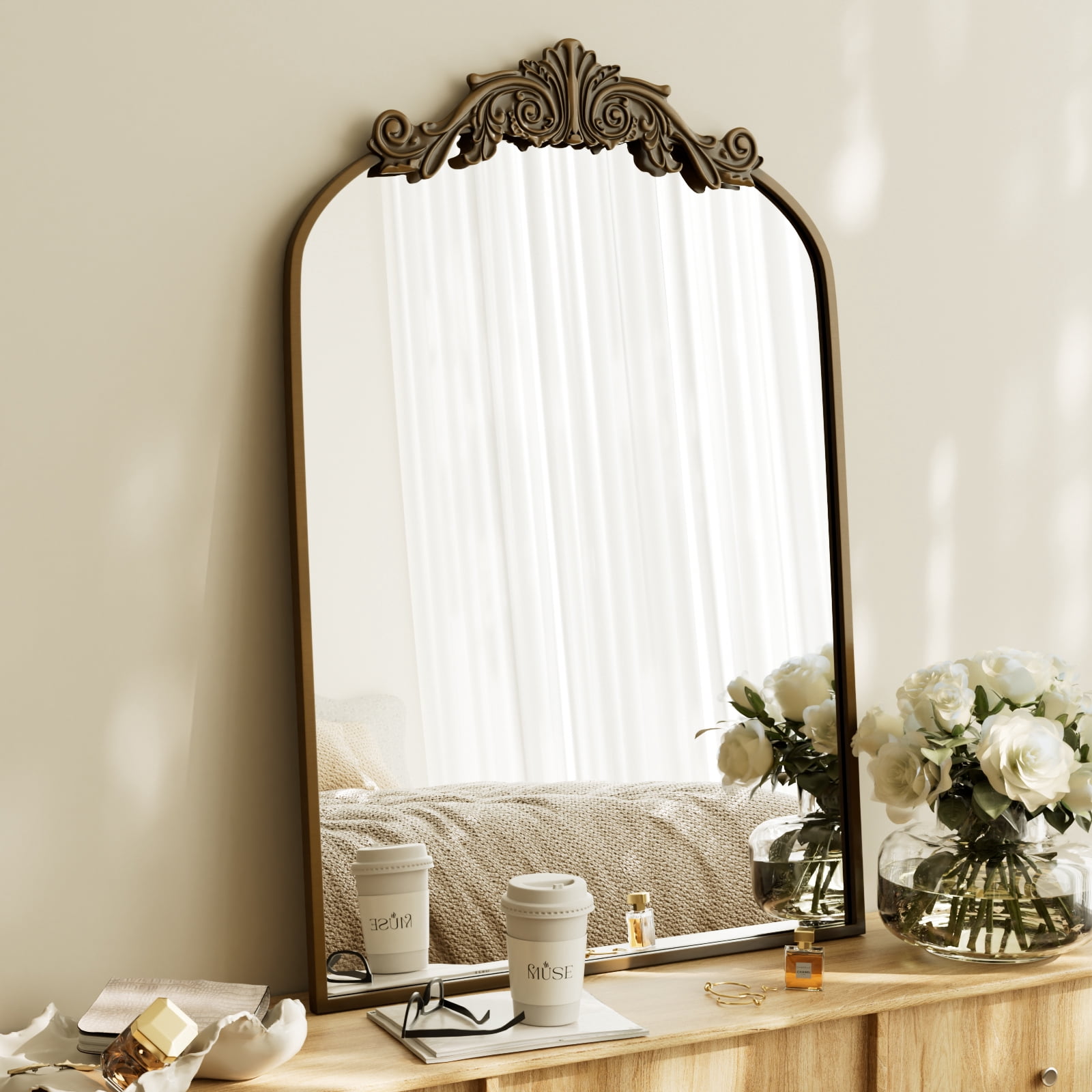 BEAUTYPEAK 24"x36" Vintage Wall Mounted Mirror Antique Baroque Arched Mirror,Bronze