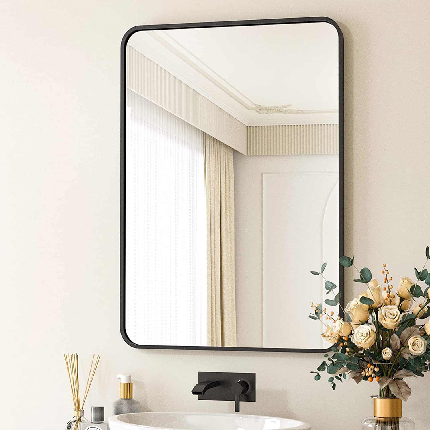 BEAUTYPEAK 24"x36" Wall Mirror Rounded Corners Hanging Vanity Mirror Black - image 1 of 9