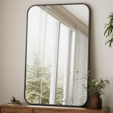 BEAUTYPEAK 24"x36" Wall Mirror Rounded Corners Hanging Vanity Mirror Black