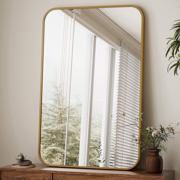 BEAUTYPEAK 24"x36" Wall Mirror Rounded Corners Hanging Vanity Mirror Gold
