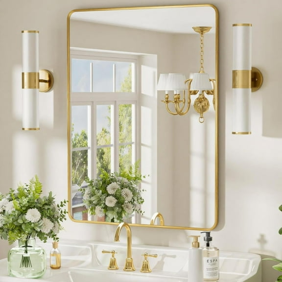 BEAUTYPEAK 26"x 38" Rectangle Bathroom Aluminum Alloy Wall Mirror with Rounded Corner,Gold