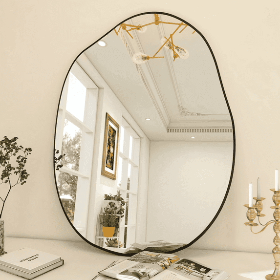 BEAUTYPEAK 26" x 38" Vanity Mirror Wall Wavy Mirror Bathroom Mirror Decor , Black