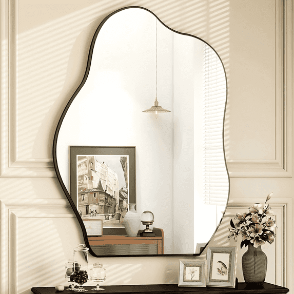 BEAUTYPEAK 26" x 38" Vanity Mirror Wall Wavy Mirror Bathroom Mirror Decor , Black