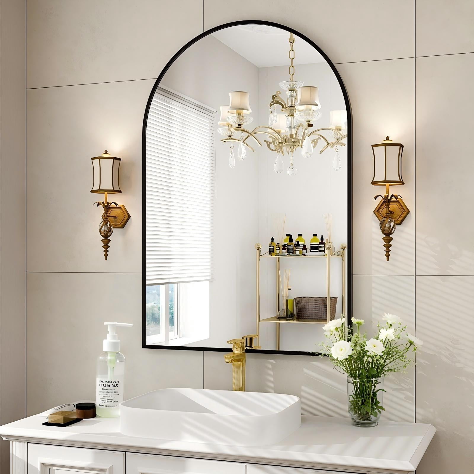 BEAUTYPEAK 26"x38" Arched Bathroom Mirror Wall-mounted Mirror,Black