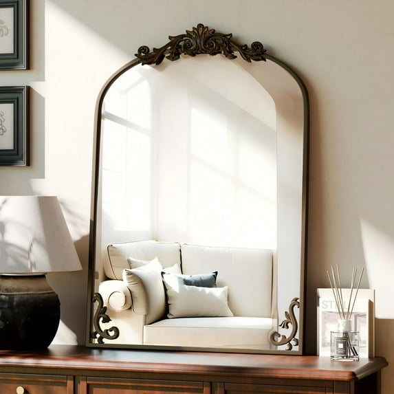 BEAUTYPEAK 26"x38" Vintage Wall Mounted Mirror Antique Baroque Arched Mirror,Bronze