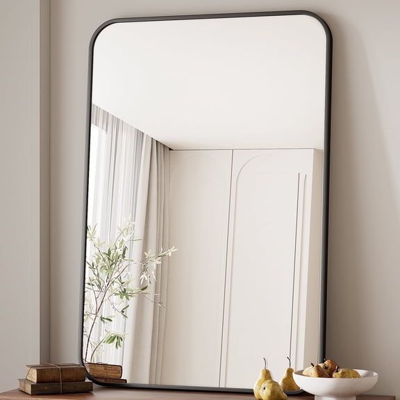 BEAUTYPEAK 26"x38" Wall Mirror Rounded Corners Hanging Vanity Mirror Black