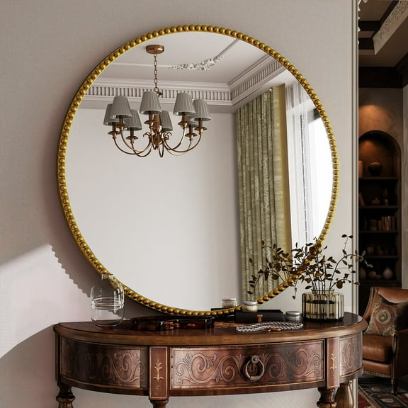 BEAUTYPEAK 28" Large Round Bathroom Mirror Decorative Vintage Mirror, Gold