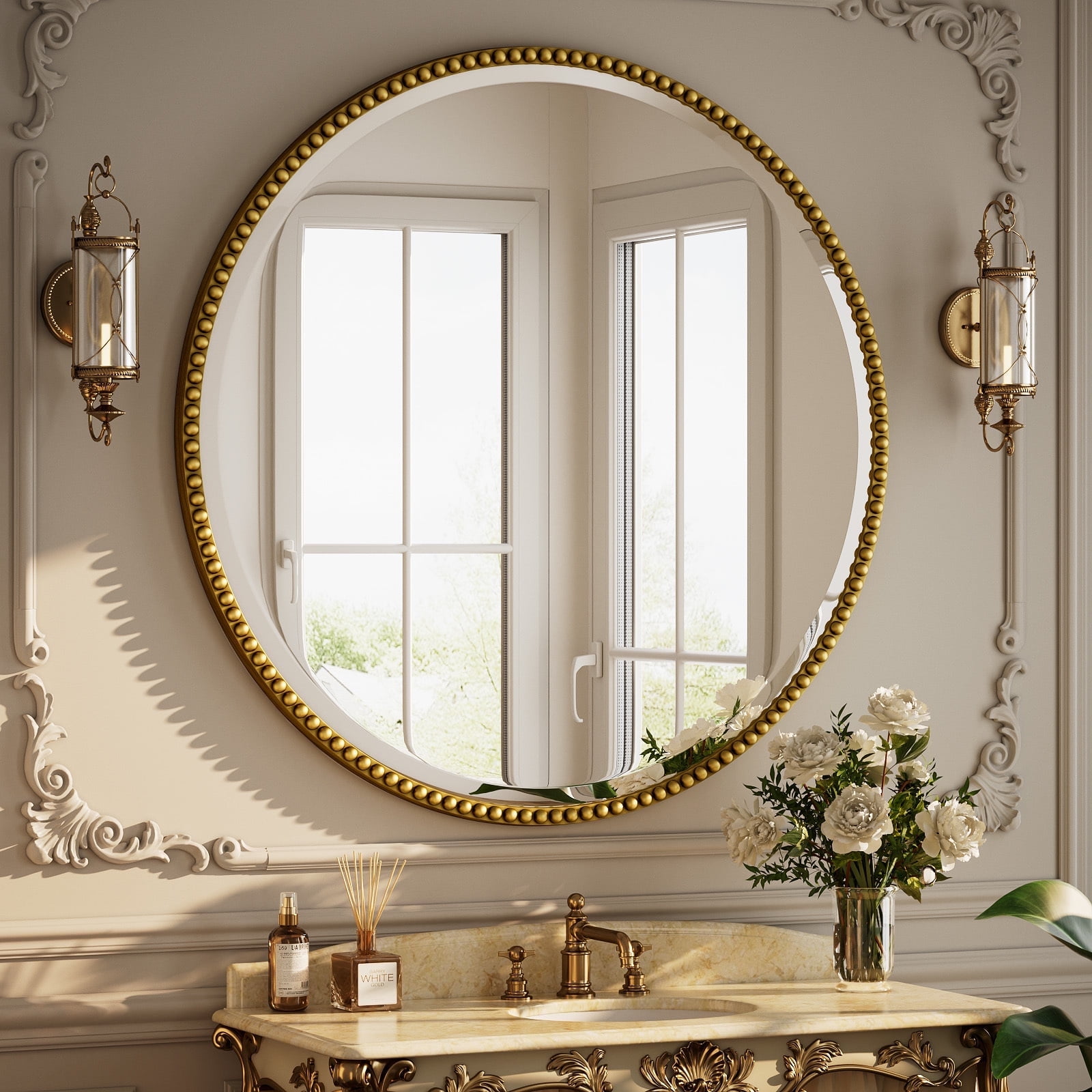 BEAUTYPEAK 28" Large Round Bathroom Mirror Decorative Vintage Mirror ...