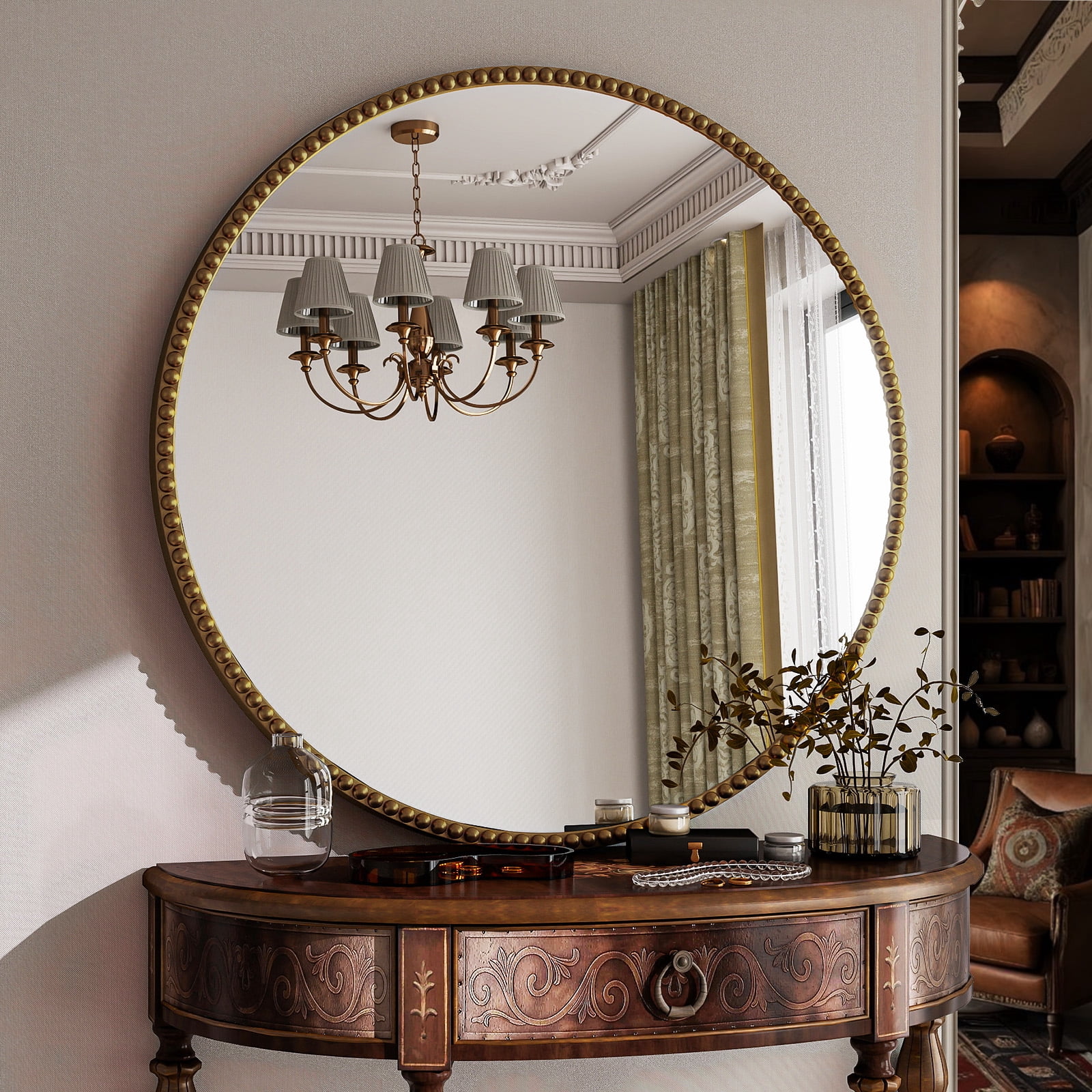 BEAUTYPEAK 28" Large Round Bathroom Mirror Decorative Vintage Mirror, Gold