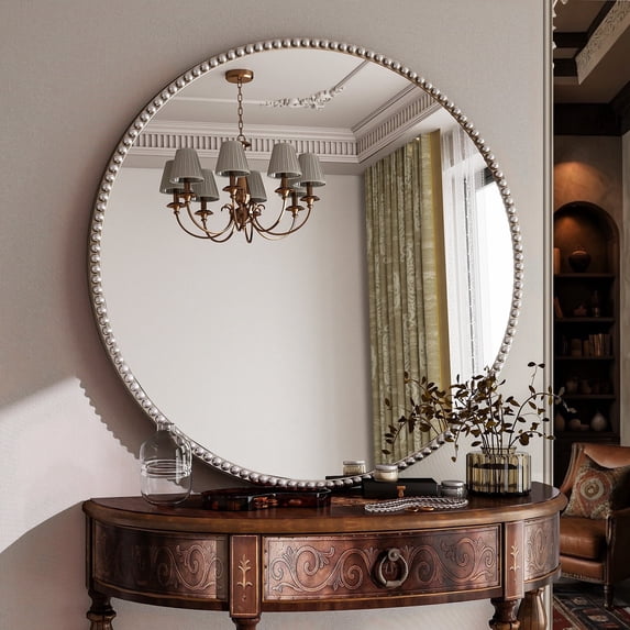 BEAUTYPEAK 28" Large Round Bathroom Mirror Decorative Vintage Mirror, Silver