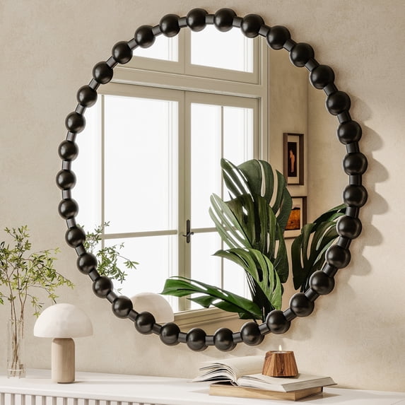 BEAUTYPEAK 28" Round Vintage Bathroom Mirror Decorative Wall Mirror with Luxurious Beaded Frame, Black