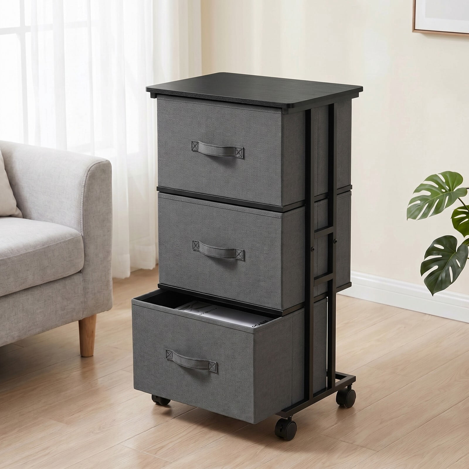 BEAUTYPEAK 3 Drawer Rolling Fabric Dresser Mobile Nightstand Storage Cabinet with Lockable Casters for Bedroom Closet Office, Gray