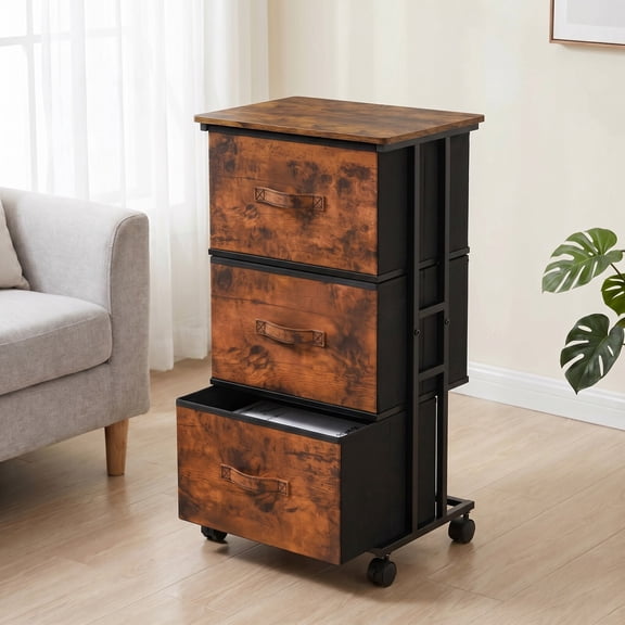 BEAUTYPEAK 3 Drawer Rolling Fabric Dresser Mobile Nightstand Storage Cabinet with Lockable Casters for Bedroom Closet Office, Rustic Brown