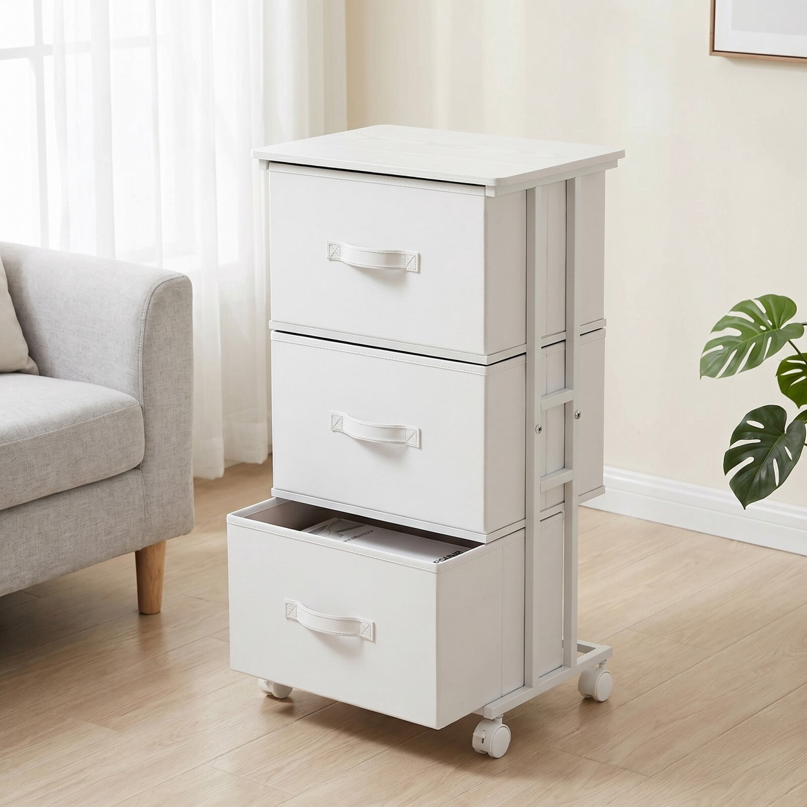 BEAUTYPEAK 3 Drawer Rolling Fabric Dresser Mobile Nightstand Storage Cabinet with Lockable Casters for Bedroom Closet Office, White