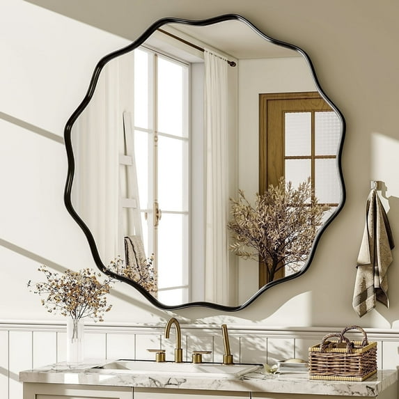 BEAUTYPEAK 30" Wavy Round Bathroom Mirror Wall Decor with Deep Frame, Black
