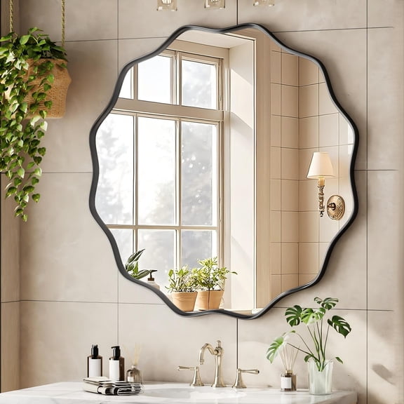 BEAUTYPEAK 30" Wavy Round Bathroom Mirror Wall Decor with Deep Frame, Black