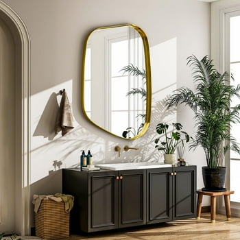BEAUTYPEAK 30"x 22" Irregular Bathroom Mirror Asymmetrical Mirror Wall Mounted Deep Frame,Gold
