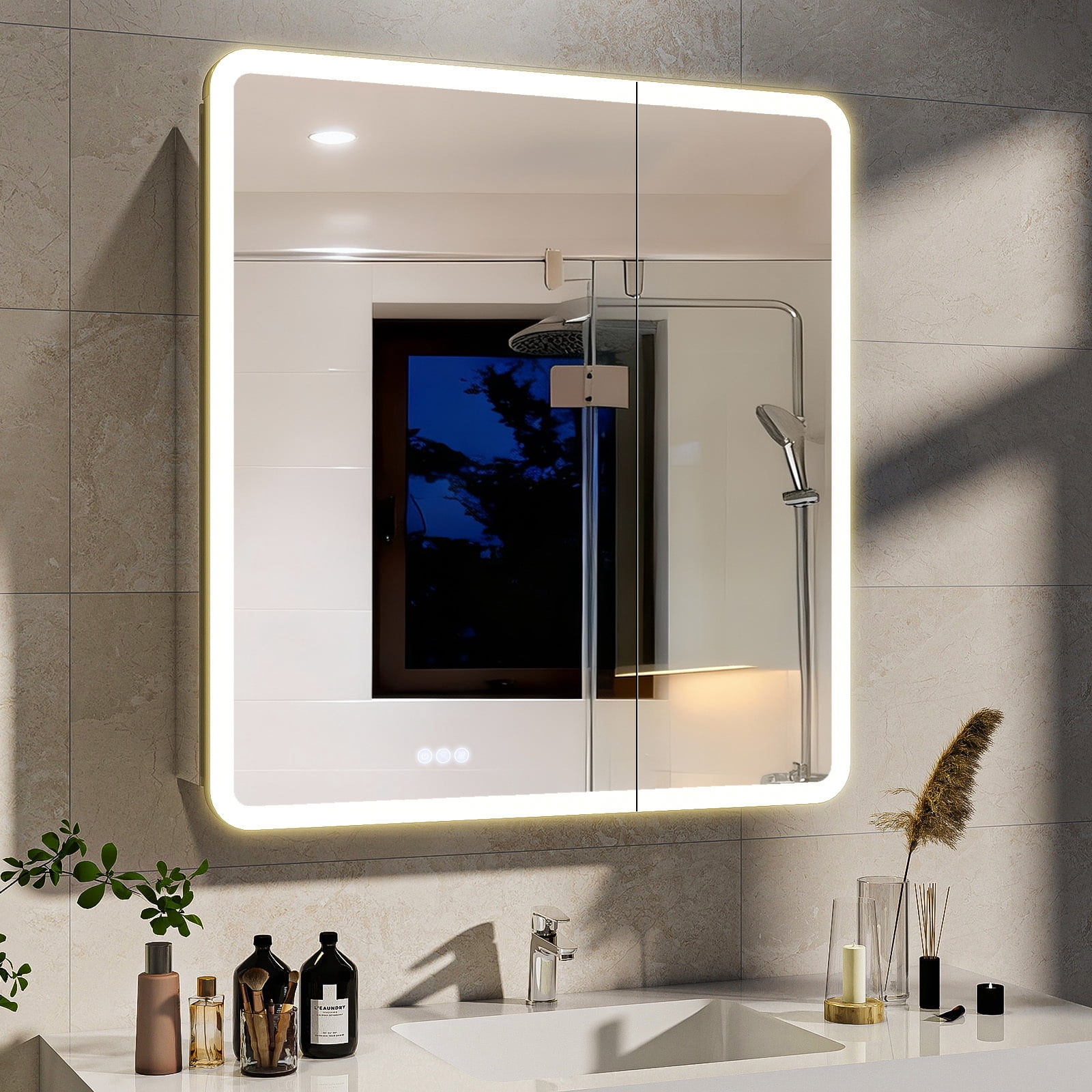 BEAUTYPEAK 30" x 32" Bathroom LED Mirror Medicine Cabinet with Storage Adjustable 3 Color Temperature