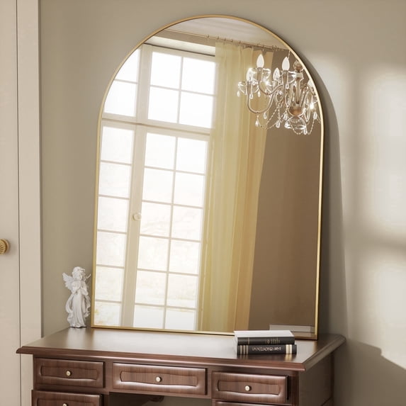 BEAUTYPEAK 30"x 40" Bathroom Mirror Wall Vanity Arched Mirror, Gold, Crown Shape
