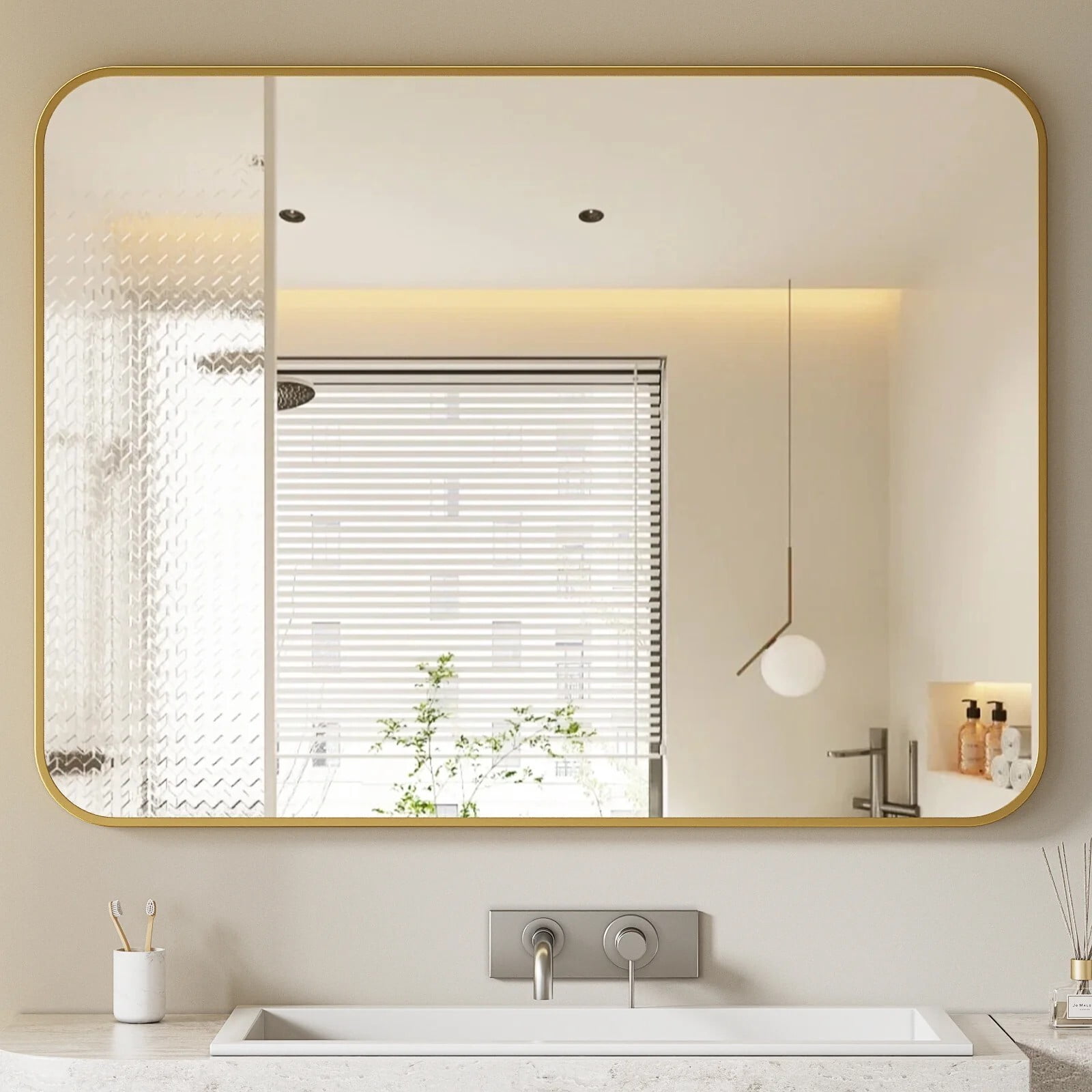 BEAUTYPEAK 30"x 40" Rectangle Rounded Corner Bathroom Aluminum Alloy Wall Mirror,Gold