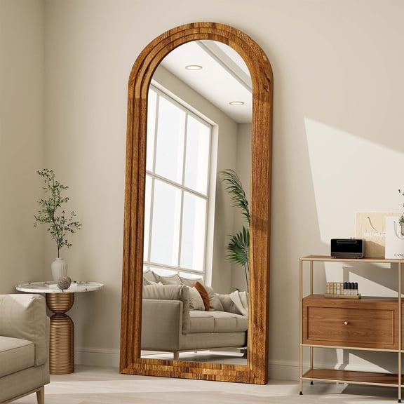 BEAUTYPEAK 30"x 71" Classic Paulownia Wood Framed Arched Full Length Mirror, Brown