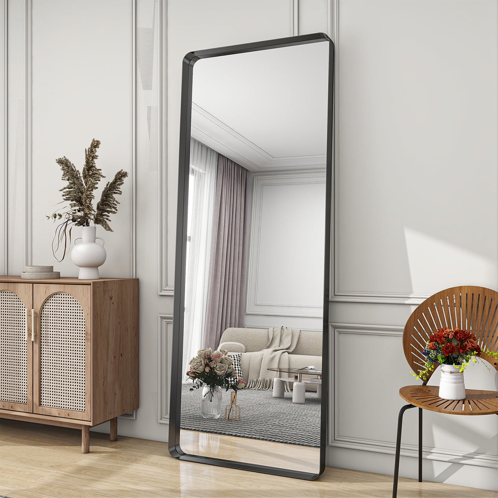 BEAUTYPEAK 30"x 71" Deep Frame Set Rounded Rectangle Bathroom Mirror Full Length Mirror, Black