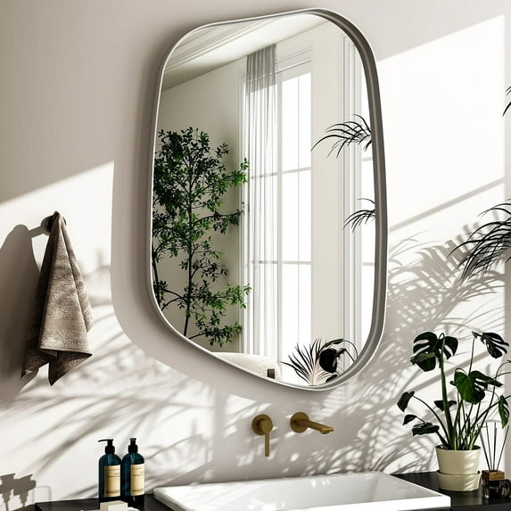 BEAUTYPEAK 30"x22" Irregular Wall Mirror Asymmetrical Decorative Bathroom Mirror Deep Frame, White
