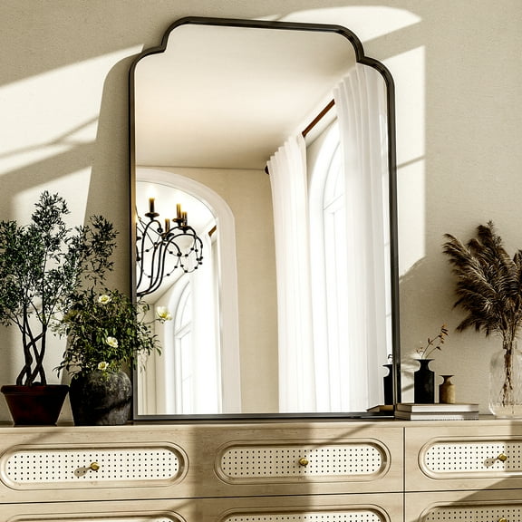 BEAUTYPEAK 30"x40" Arched Bathroom Mirror with Curved Top Modern Decorative Wall Mirror with Deep Frame, Black