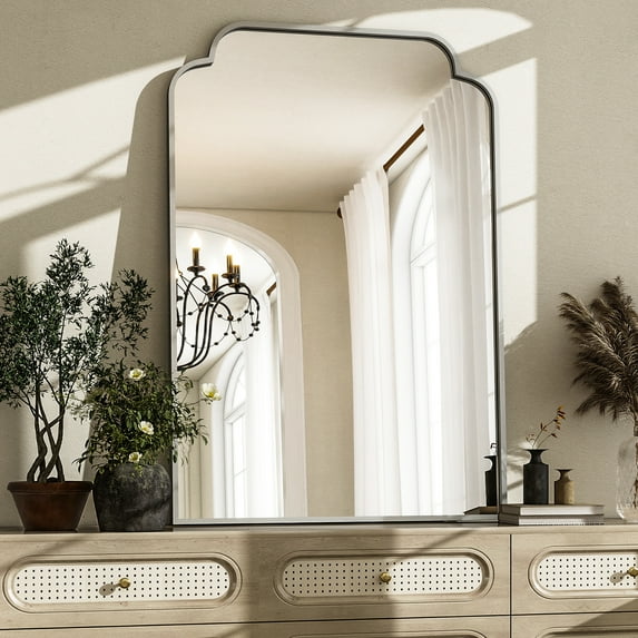 BEAUTYPEAK 30"x40" Arched Bathroom Mirror with Curved Top Modern Decorative Wall Mirror with Deep Frame, Silver