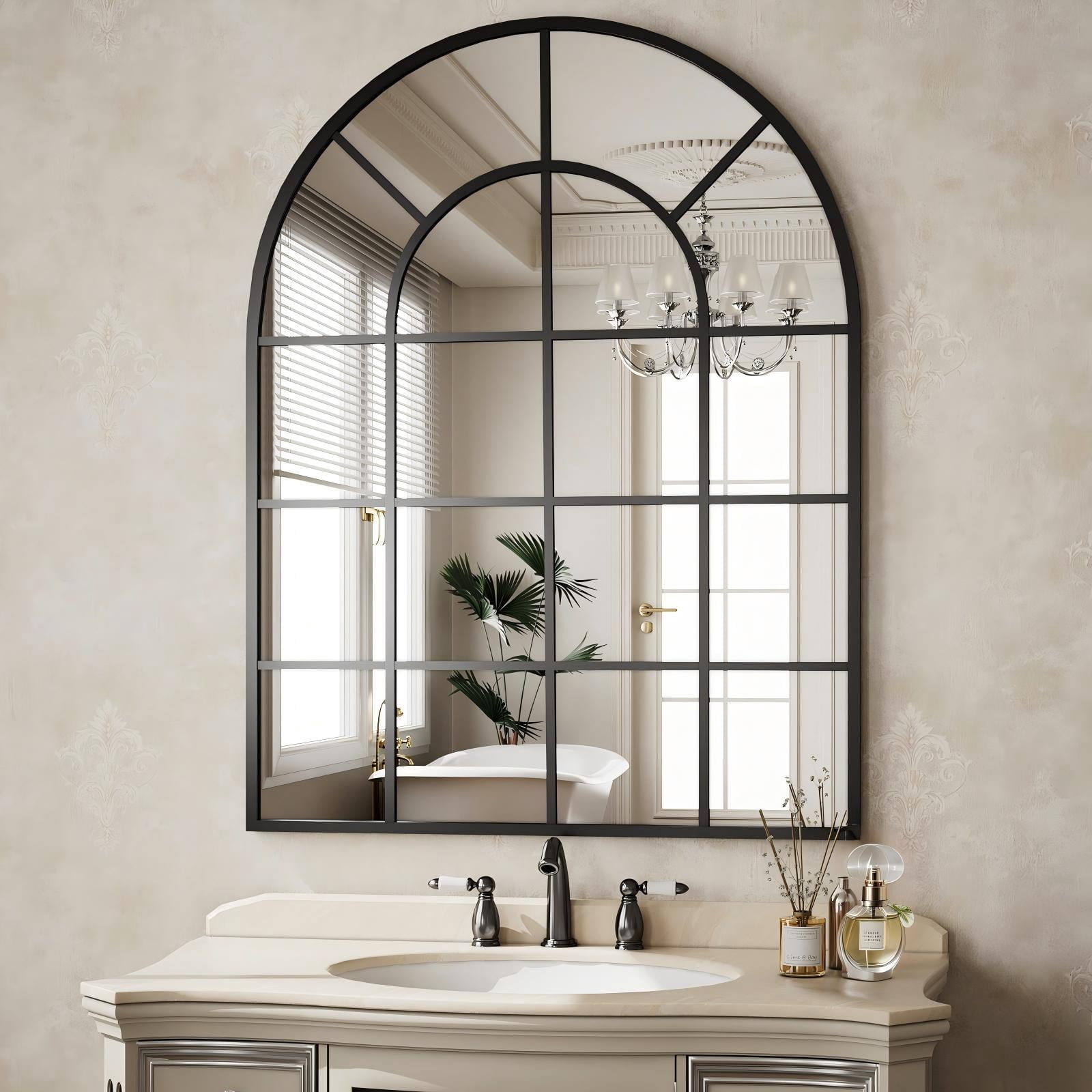 BEAUTYPEAK 30"x40" Arched Windowpane Mirror Bathroom Mirror Wall Mirror,Black