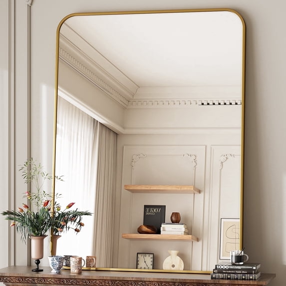 BEAUTYPEAK 30"x40" Wall Mirror Rounded Corners Hanging Vanity Mirror Gold