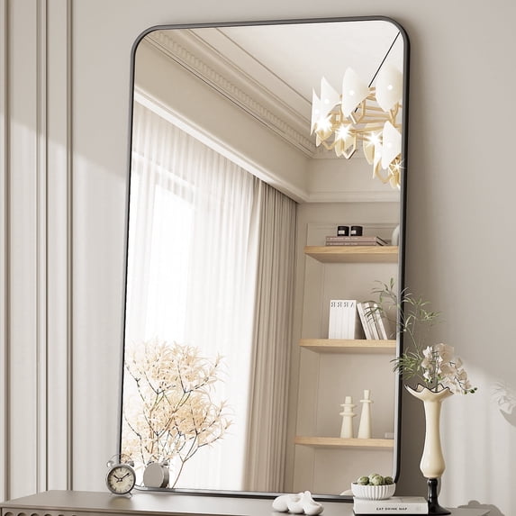 BEAUTYPEAK 30"x48" Wall Mirror Rounded Corners Hanging Vanity Mirror Black
