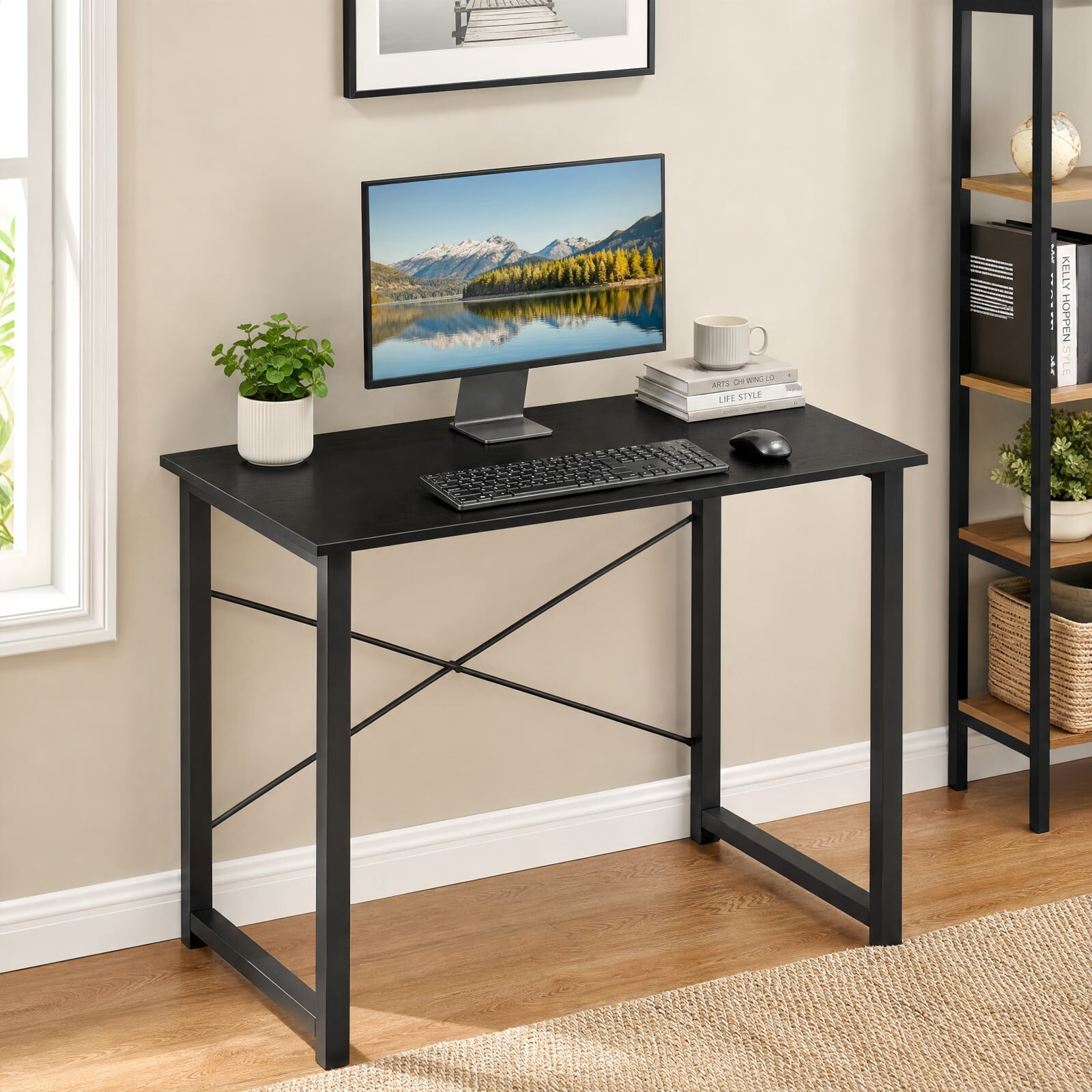 BEAUTYPEAK 31" Small Computer Desk Writing Gaming Table with Wood Top X-Shaped Reinforced Frame, Black