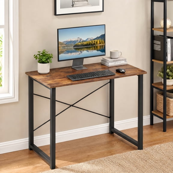 BEAUTYPEAK 31" Small Computer Desk Writing Gaming Table with Wood Top X-Shaped Reinforced Frame, Rustic Brown