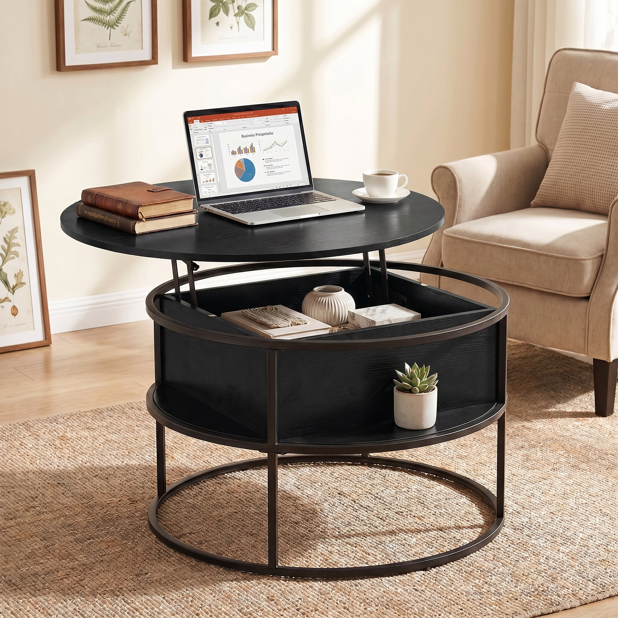 BEAUTYPEAK 32" Round Lift Top Coffee Table with Hidden Storage Circle Living Room Center Table, Black