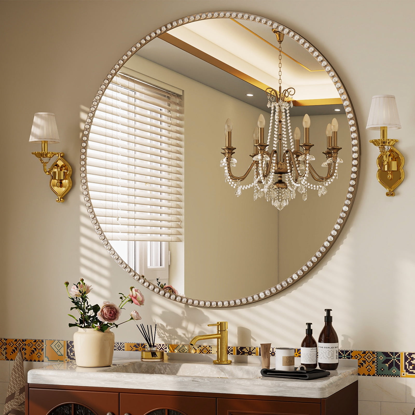 BEAUTYPEAK 36" Large Round Bathroom Mirror Decorative Vintage Mirror ...