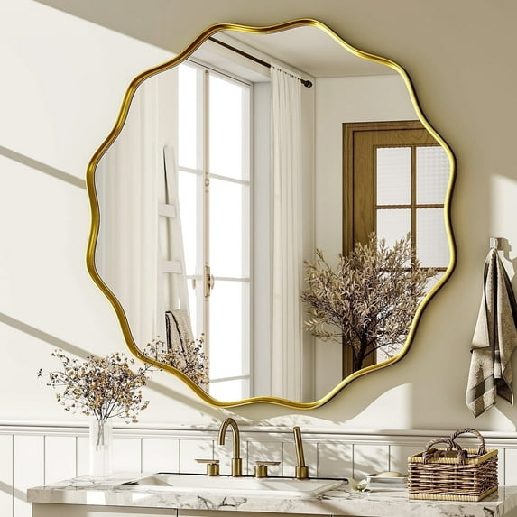 BEAUTYPEAK 36" Wavy Round Bathroom Mirror Wall Decor with Deep Frame, Gold