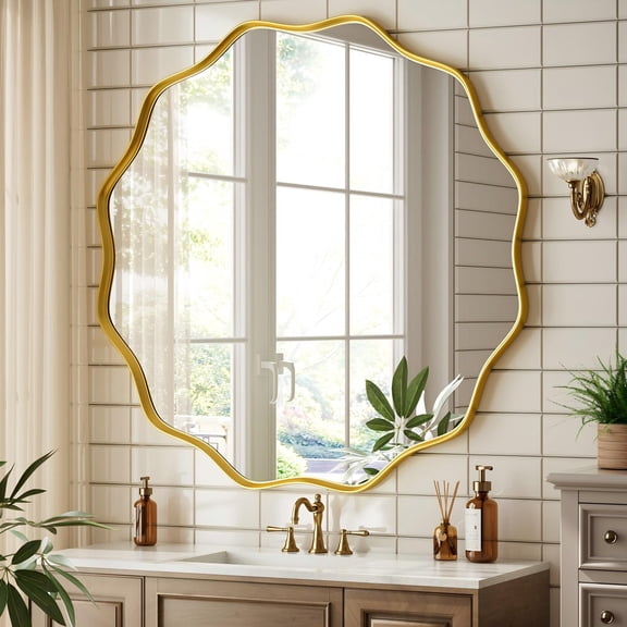 BEAUTYPEAK 36" Wavy Round Bathroom Mirror Wall Decor with Deep Frame, Gold
