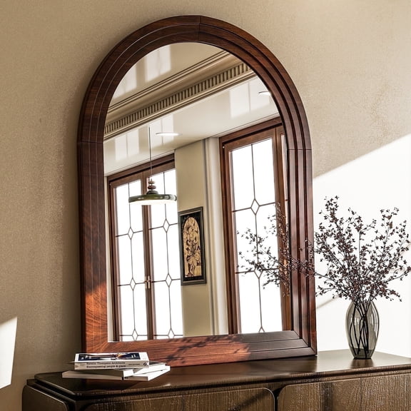 BEAUTYPEAK 36"x 24" Arched Bathroom Mirror Wall Mirror Wooden Frame,Brown