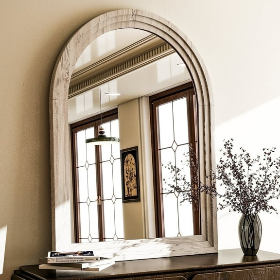 BEAUTYPEAK 36"x 24" Arched Bathroom Mirror Wall Mirror Wooden Frame,White